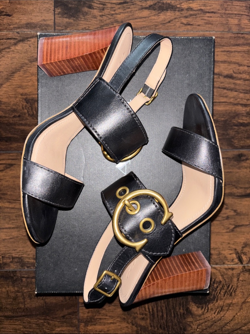 Coach Black Leather Slingback Sandals with Gold Buckle Accents - Picture 7 of 8